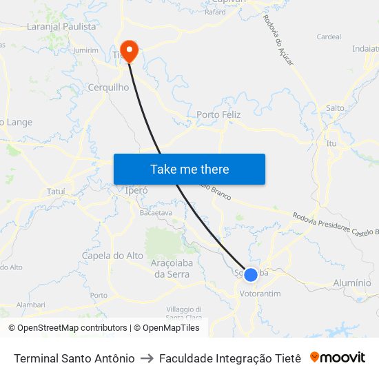 Terminal Santo Antônio to Faculdade Integração Tietê map