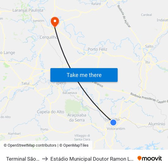 Terminal São Paulo to Estádio Municipal Doutor Ramon Lopes Guirado map