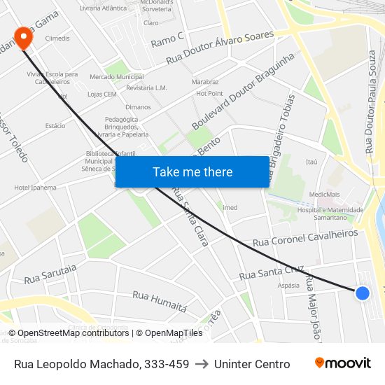 Rua Leopoldo Machado, 333-459 to Uninter Centro map