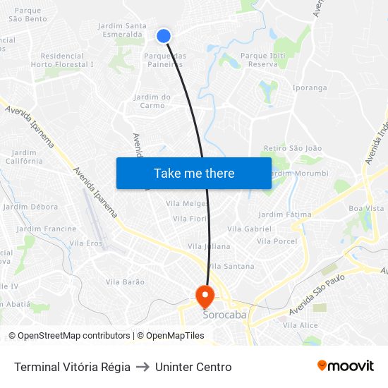 Terminal Vitória Régia to Uninter Centro map