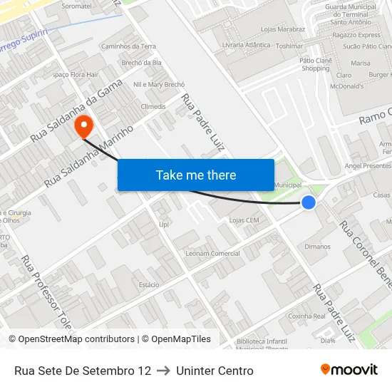 Rua Sete De Setembro 12 to Uninter Centro map