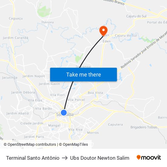 Terminal Santo Antônio to Ubs Doutor Newton Salim map