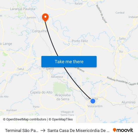 Terminal São Paulo to Santa Casa De Misericórdia De Tietê map