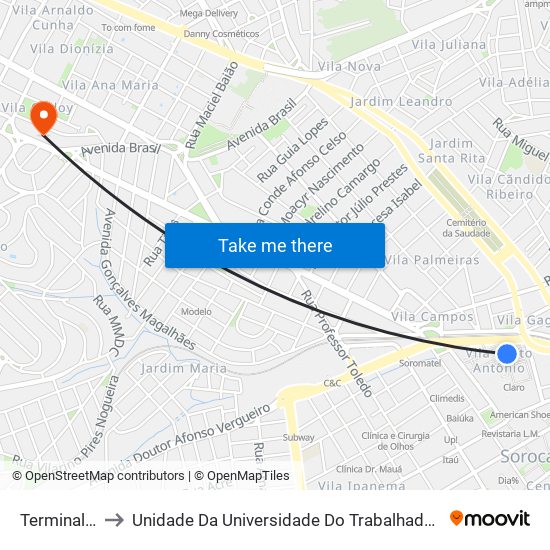 Terminal Santo Antônio to Unidade Da Universidade Do Trabalhador Empreendedor E Negócios (Uniten) - Mauro Firmino map