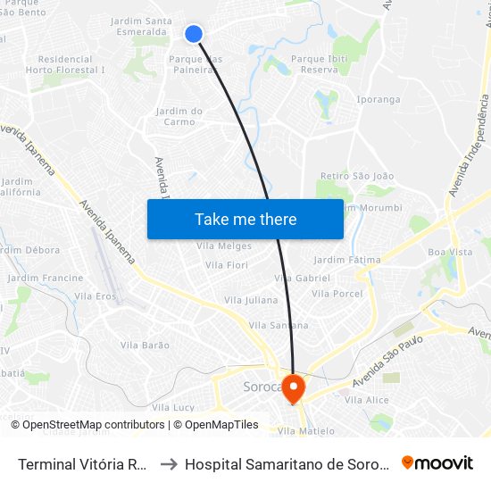 Terminal Vitória Régia to Hospital Samaritano de Sorocaba map