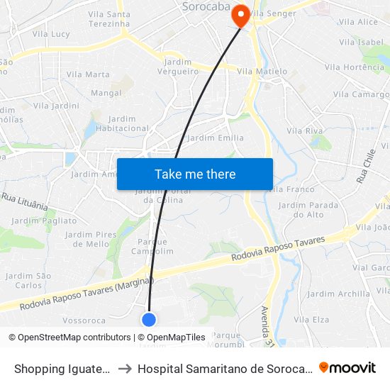 Shopping Iguatemi to Hospital Samaritano de Sorocaba map