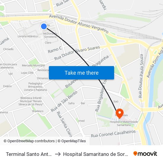 Terminal Santo Antônio to Hospital Samaritano de Sorocaba map