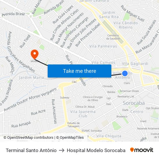 Terminal Santo Antônio to Hospital Modelo Sorocaba map