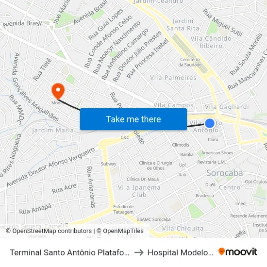 Terminal Santo Antônio Plataforma: P3 Ponto: K to Hospital Modelo Sorocaba map
