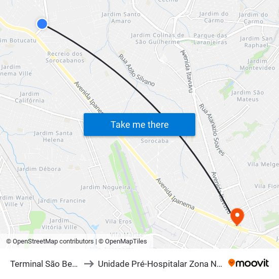 Terminal São Bento to Unidade Pré-Hospitalar Zona Norte map