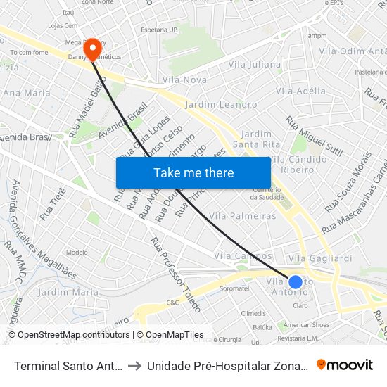 Terminal Santo Antônio to Unidade Pré-Hospitalar Zona Norte map