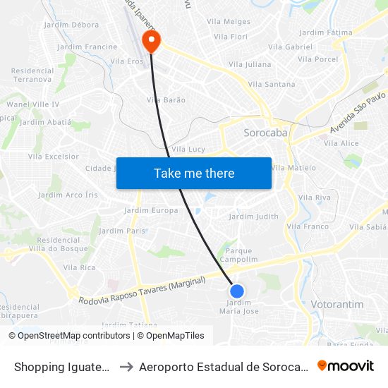 Shopping Iguatemi to Aeroporto Estadual de Sorocaba map