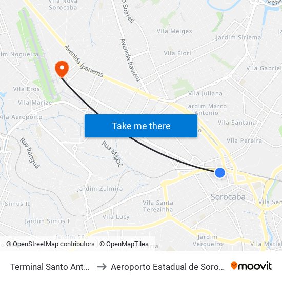 Terminal Santo Antônio to Aeroporto Estadual de Sorocaba map