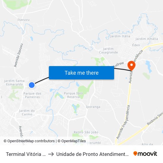 Terminal Vitória Régia to Unidade de Pronto Atendimento do Éden map