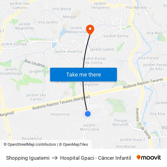 Shopping Iguatemi to Hospital Gpaci - Câncer Infantil map