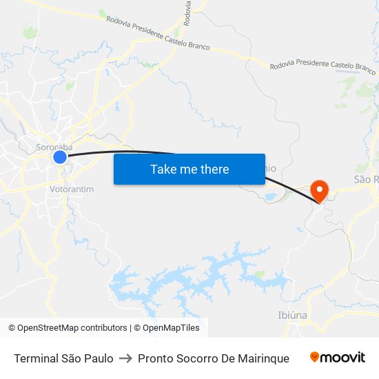 Terminal São Paulo to Pronto Socorro De Mairinque map