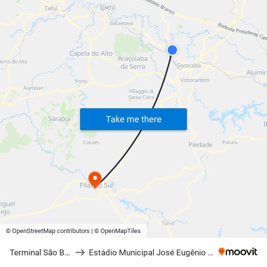 Terminal São Bento to Estádio Municipal José Eugênio Pereira map