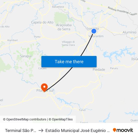 Terminal São Paulo to Estádio Municipal José Eugênio Pereira map