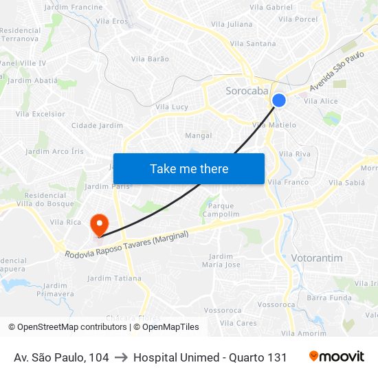 Av. São Paulo, 104 to Hospital Unimed - Quarto 131 map