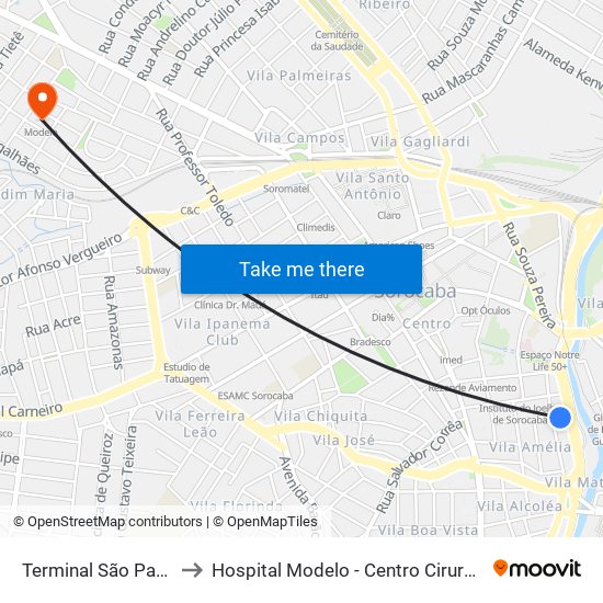 Terminal São Paulo to Hospital Modelo - Centro Cirurgico map