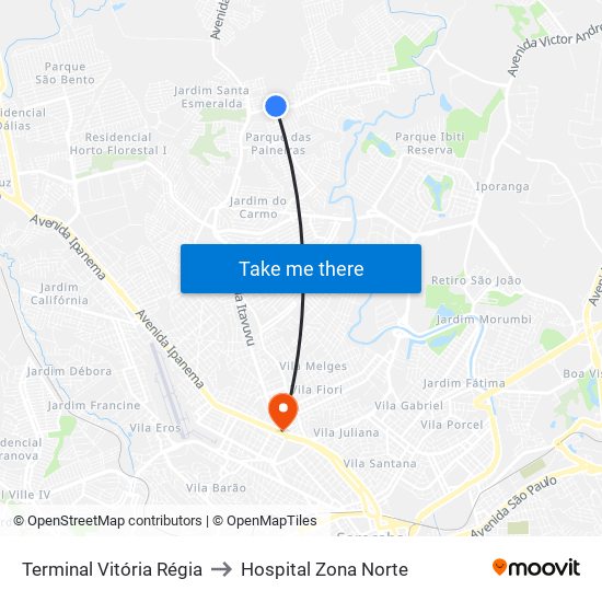 Terminal Vitória Régia to Hospital Zona Norte map