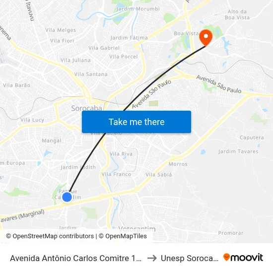 Avenida Antônio Carlos Comitre 1347 to Unesp Sorocaba map