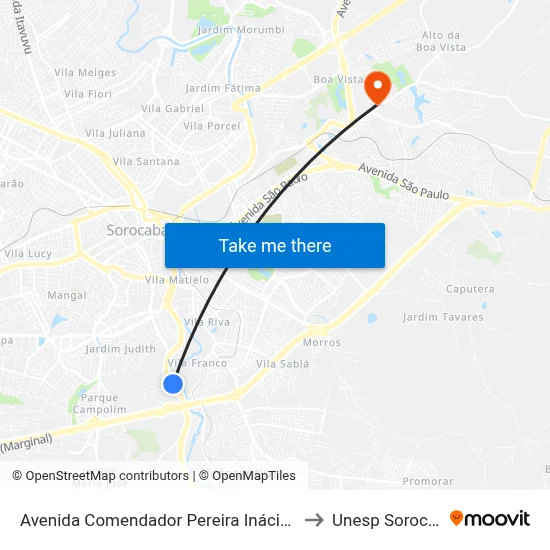 Avenida Comendador Pereira Inácio 1900 to Unesp Sorocaba map