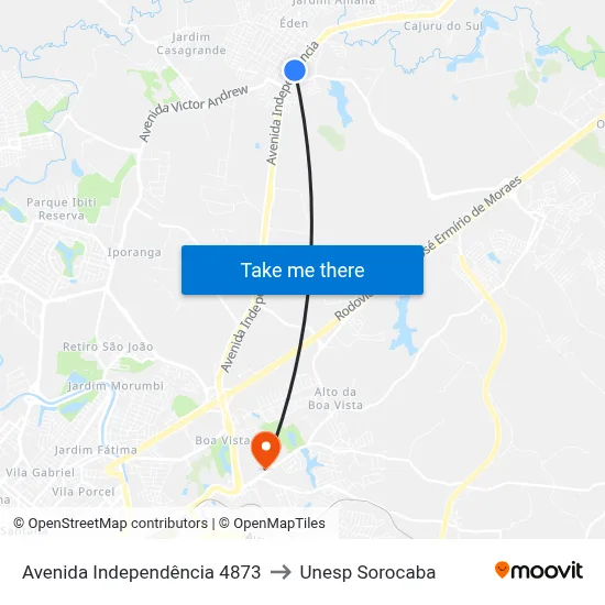 Avenida Independência 4873 to Unesp Sorocaba map