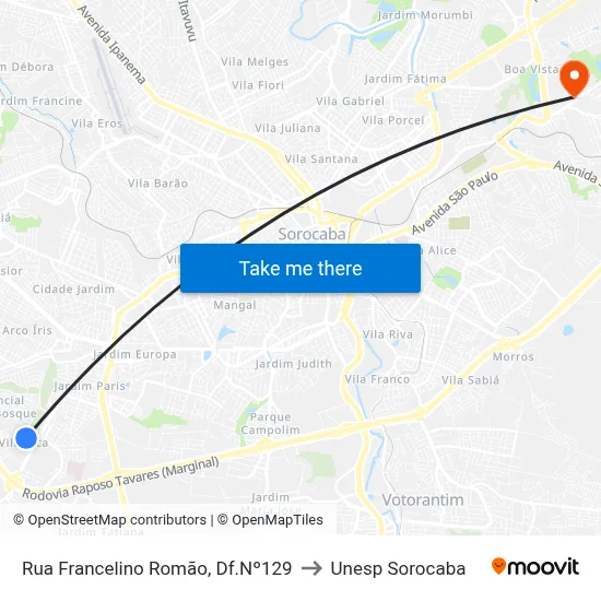 Rua  Francelino Romão, Df.Nº129 to Unesp Sorocaba map