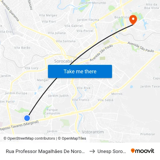 Rua  Professor Magalhães De Noronha, 466 to Unesp Sorocaba map