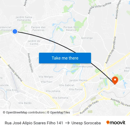 Rua José Alípio Soares Filho 141 to Unesp Sorocaba map