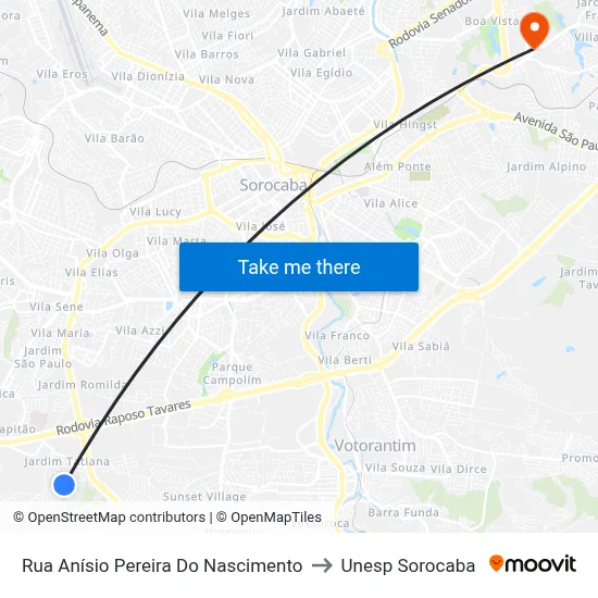 Rua Anísio Pereira Do Nascimento to Unesp Sorocaba map