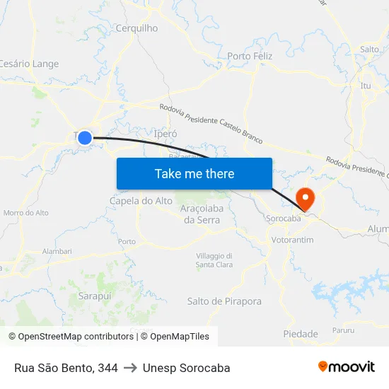 Rua São Bento, 344 to Unesp Sorocaba map