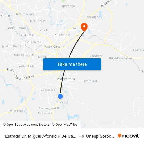 Estrada Dr. Miguel Afonso F De Castilho to Unesp Sorocaba map