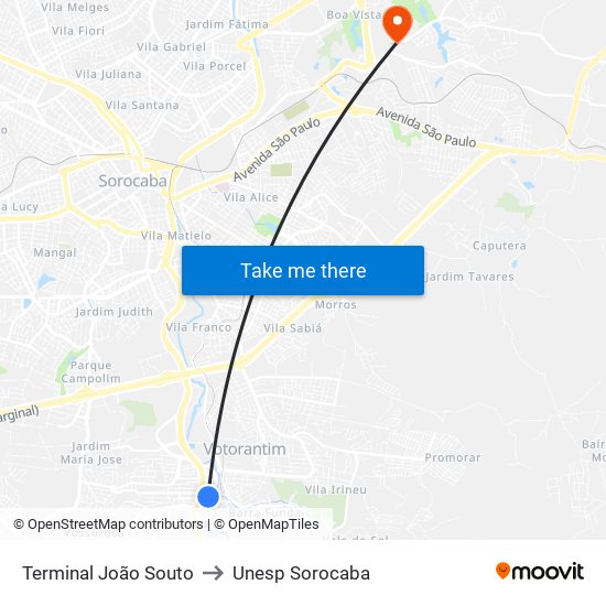 Terminal João Souto to Unesp Sorocaba map