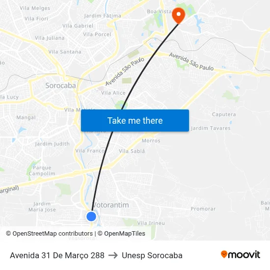 Avenida 31 De Março 288 to Unesp Sorocaba map
