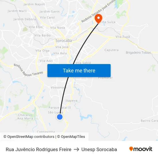 Rua Juvêncio Rodrigues Freire to Unesp Sorocaba map