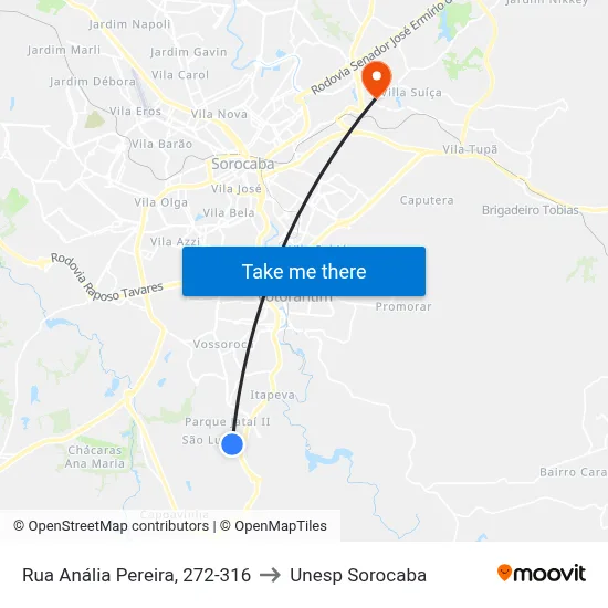 Rua Anália Pereira, 272-316 to Unesp Sorocaba map