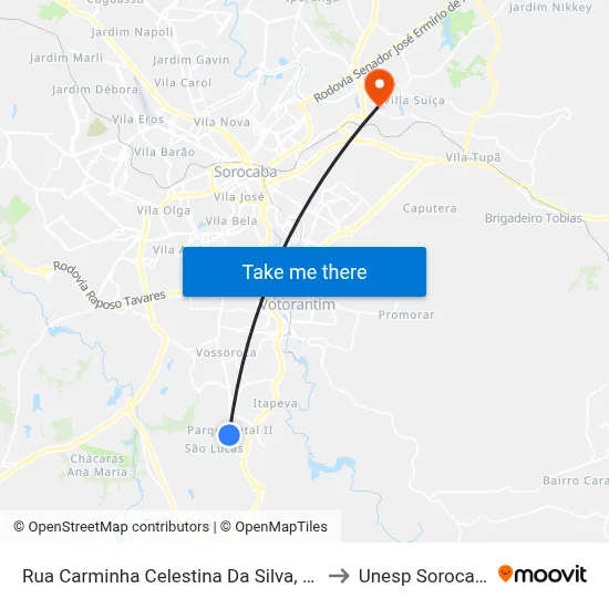 Rua Carminha Celestina Da Silva, 209 to Unesp Sorocaba map