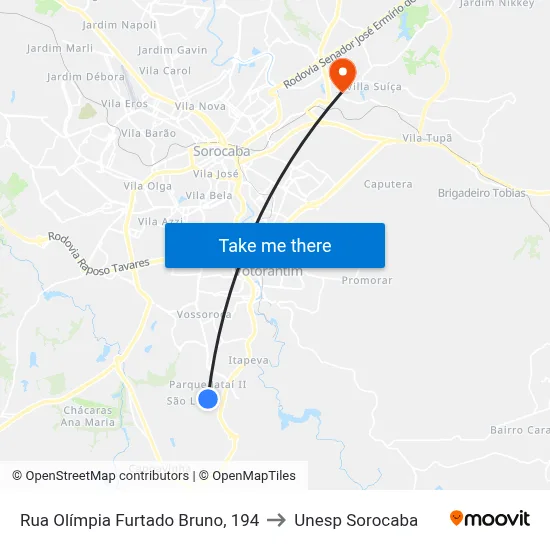 Rua Olímpia Furtado Bruno, 194 to Unesp Sorocaba map