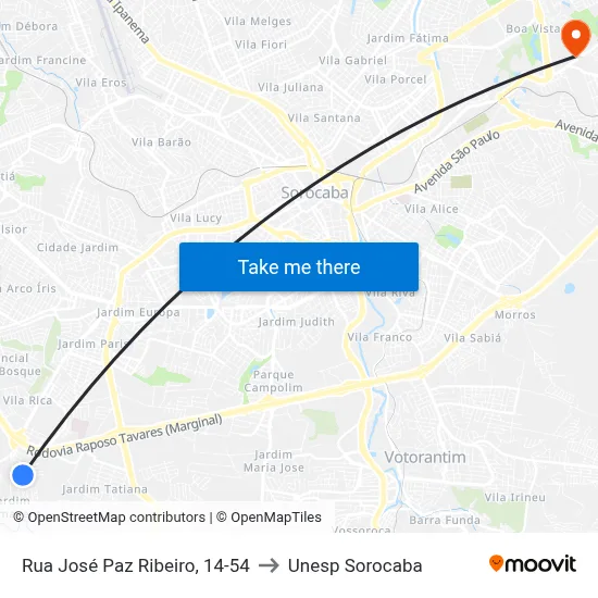 Rua José Paz Ribeiro, 14-54 to Unesp Sorocaba map