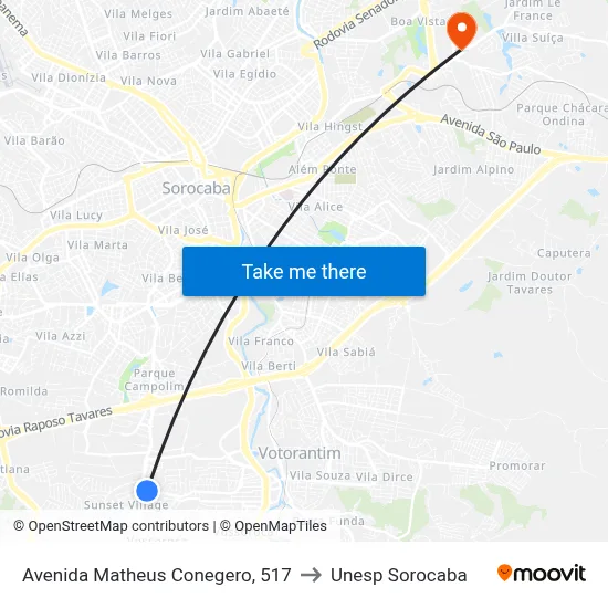 Avenida Matheus Conegero, 517 to Unesp Sorocaba map