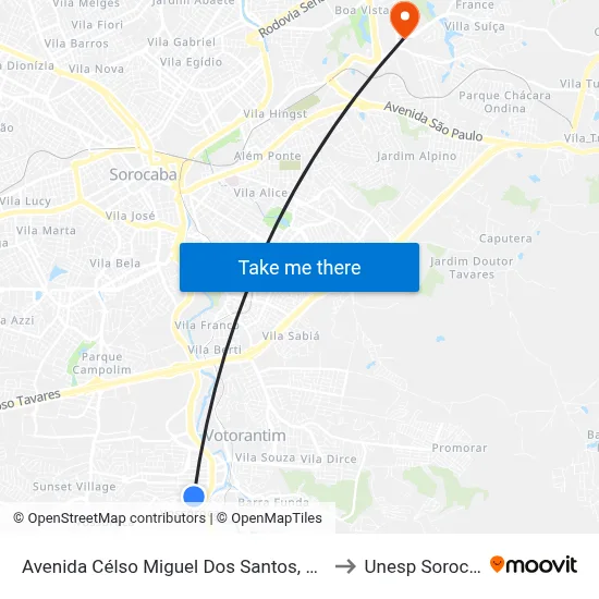 Avenida Célso Miguel Dos Santos, 159-199 to Unesp Sorocaba map