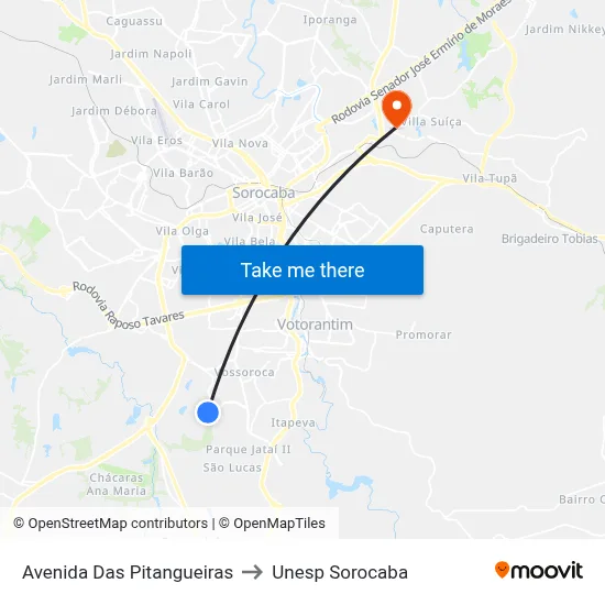 Avenida Das Pitangueiras to Unesp Sorocaba map