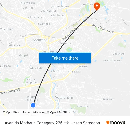 Avenida Matheus Conegero, 226 to Unesp Sorocaba map