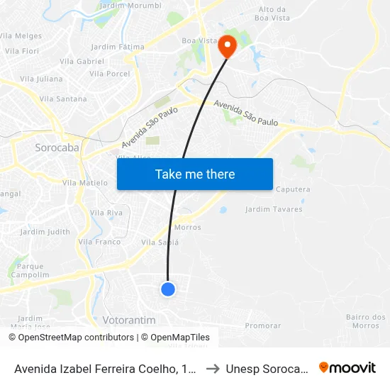 Avenida Izabel Ferreira Coelho, 150 to Unesp Sorocaba map