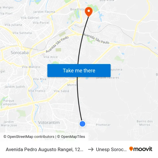 Avenida Pedro Augusto Rangel, 1219-1341 to Unesp Sorocaba map