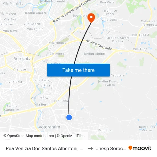 Rua Venízia Dos Santos Albertoni, 147-211 to Unesp Sorocaba map