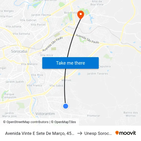 Avenida Vinte E Sete De Março, 452-512 to Unesp Sorocaba map