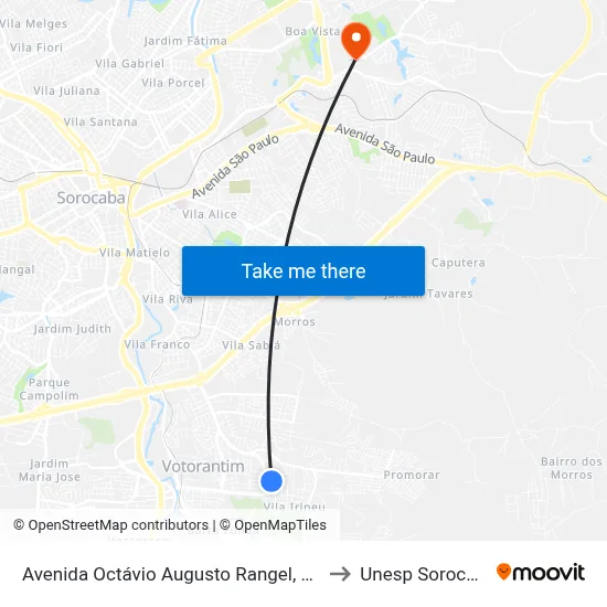 Avenida Octávio Augusto Rangel, 2141 to Unesp Sorocaba map